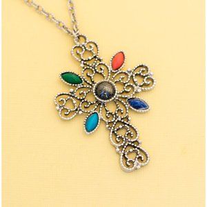 Vintage Silver Tone Colorful Cross Gemstone Pendant Necklace 24 Inches Avon i8